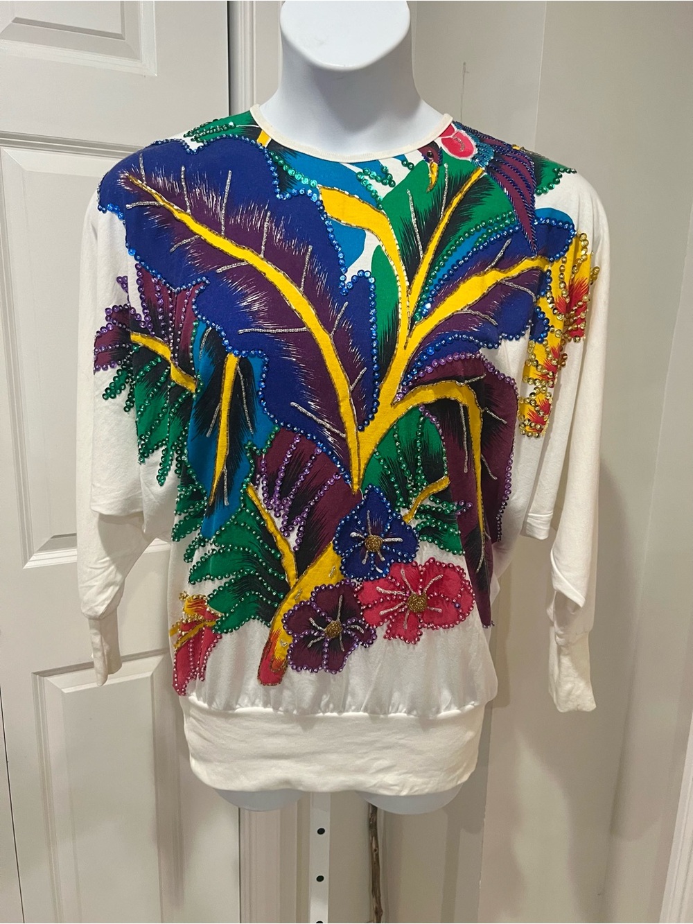 Bonnie Boerer Vintage Vibrant Floral Beaded White Women's Top